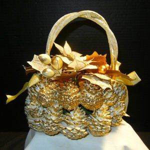 Vintage Gold Tipped Pine Cone Poinsettia Basket Christmas